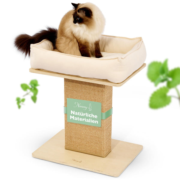 Nemmy Premium Kratzbaum klein beige | Stabiler Kratzstamm extra breit | Katzenbett mit Kissen | Katzenbaum große Katzen | Modern Holz Natur | Kratzsäule | Kratzstamm