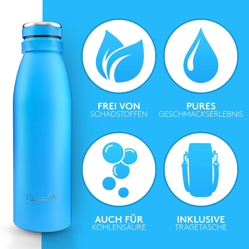 Vezato Trinkflasche Edelstahl - BPA-freie Isolierflasche 500 ml - Auslaufsichere Wasserflasche mit doppelter Isolierung - Thermosflasche spülmaschinenfest - Für Kohlensäure geeignet - Nachhaltig