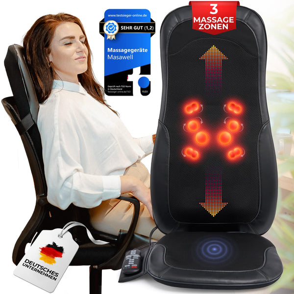 Masawell Massagesitzauflage Shiatsu| Massagematte Ganzkörper [ mit Wide Back Technologie] | Rückenmassagegerät mit Spot-, Wärme und Vibrationsfunktion | Massageauflage für Büro und Zuhause