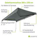 Juskys Markise 350 x 300 cm - Beschattung Terrasse & Balkon - Gelenkarmmarkise mit Kurbel & Halterung - Sonnenschutz Balkonmarkise Gelenkmarkise Grau
