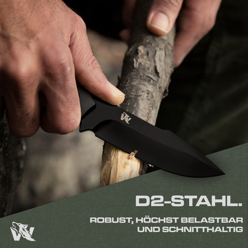 Wolfgangs Outdoor-Messer AMBULO mit Kydex Holster - Edles Jagdmesser aus einem Stück D2 Stahl gefertigt - DAS Bushcraft Messer - Survival Messer inklusive verbessertem Feuer-Starter (Full Black)