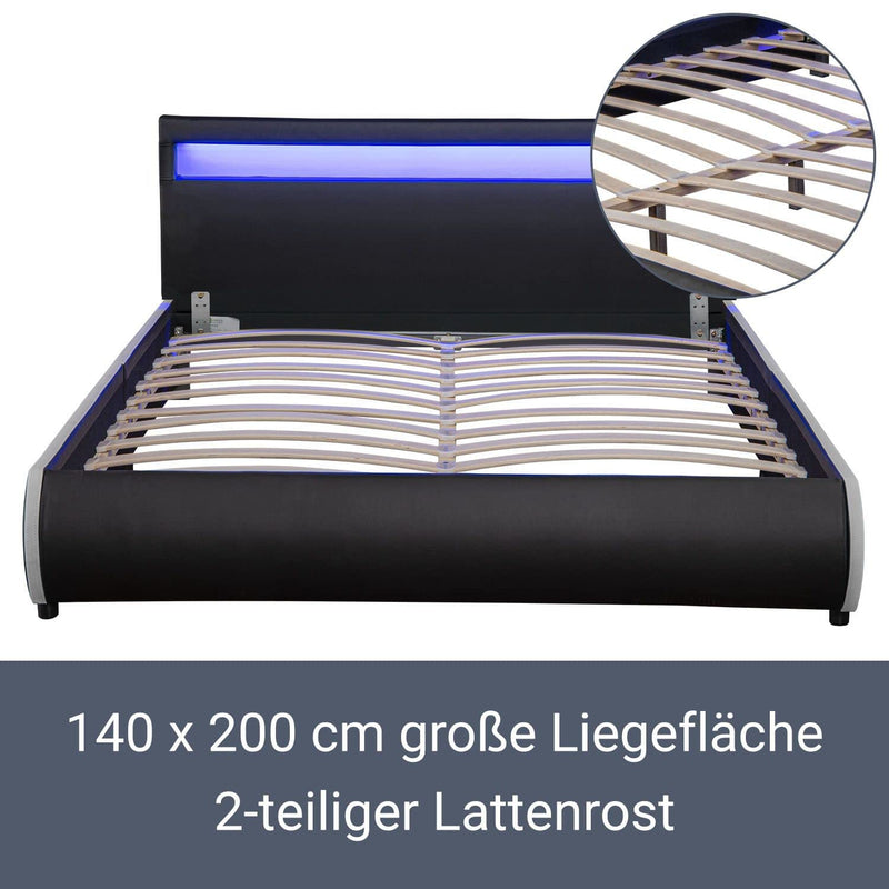 Juskys Polsterbett Sevilla 140 x 200 cm - Französisches Bett mit Matratze, Lattenrost & LED — Holz & Kunstleder - schwarz — Jugendbett Gästebett