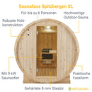 Artsauna Outdoor Fasssauna XL für 6 Personen Ø 180x240 cm, 9 kW Ofen, Saunasteine & Zubehör - Saunafass aus Fichtenholz, Außensauna Gartensauna Sauna
