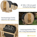 Artsauna Outdoor Fasssauna für 2 Personen Ø 180x120 cm - 3,6 kW Ofen, Saunasteine & Zubehör - Saunafass aus Fichtenholz - Außensauna Gartensauna Sauna