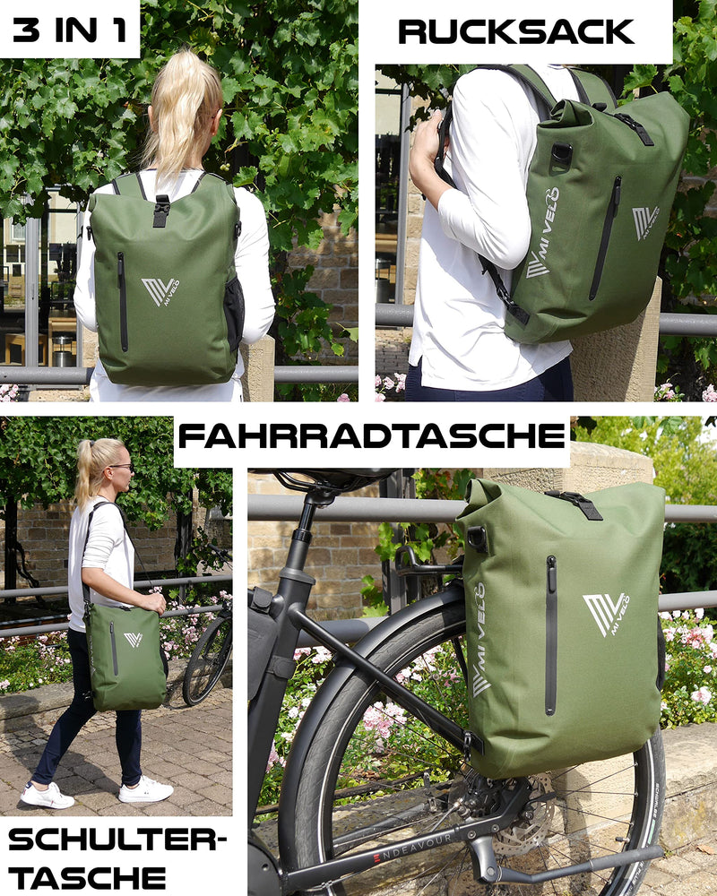 MIVELO - 3 in 1 Fahrradtasche - Rucksack - Schultertasche wasserdicht, mit Laptopfach, für Fahrrad Gepäckträger Aller Art (Olivgrün, 20L)
