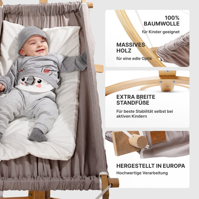 CHILDOO Baby Hängematte [QuickFix-Schlaufe] Babywiege Babybett Federwiege mit Gestell Kinderschaukel Babywippe für Kinderzimmer, Esszimmer, Wohnzimmer | Grau