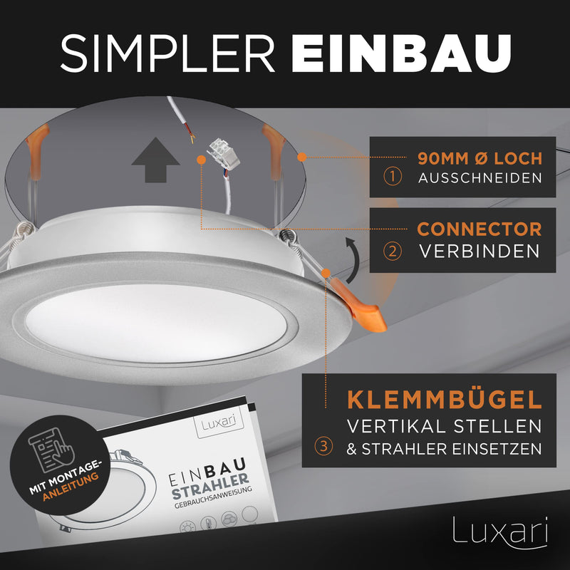 Luxari LED Einbaustrahler 230V flach − Strahlende LED Einbauleuchten [6er Set 8W] − Bad LED Spot [3000K warmweiß] − Deckenstrahler − IP54