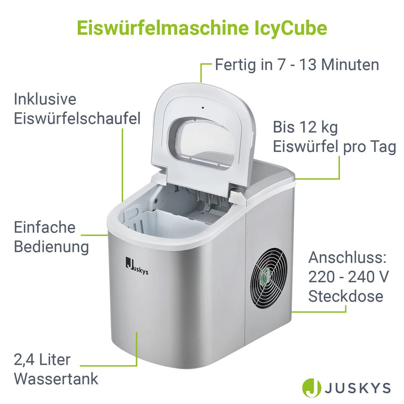 Juskys Eiswürfelmaschine IcyCube - 12 kg / 24 Std. — Eiswürfel in 7-13 min - Eiswürfelbereiter 100 Watt Icemaker klein 2,4 L Wassertank - Silber