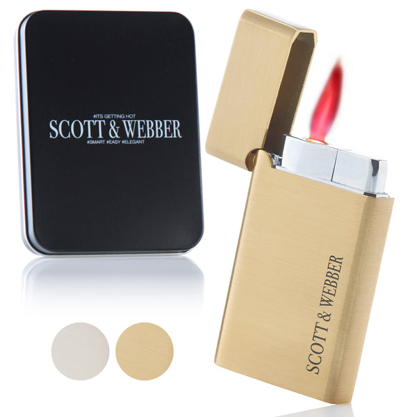 Scott & Webber® - Sturmfeuerzeug mit Jetflamme - Nachfüllbares Feuerzeug aus Metall einstellbar bis 1300°C - Inkl. edler Metallbox (Gold Square)