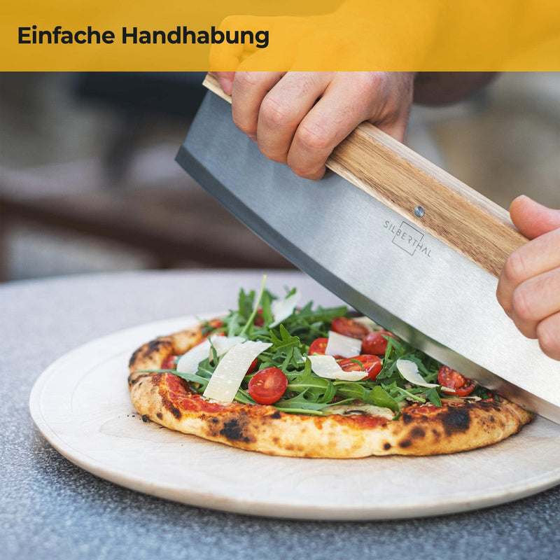 SILBERTHAL Pizzaschneider - 32cm Edelstahl Klinge - Eleganter Griff aus Akazienholz - Pizzamesser inklusive Klingenschutz