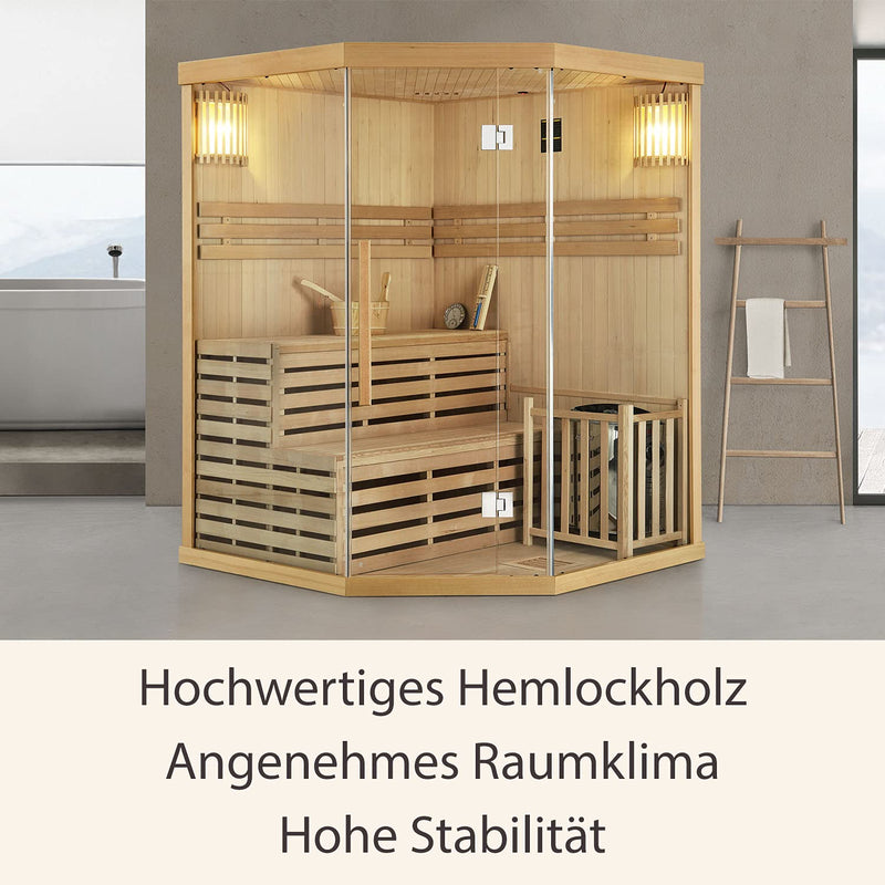Artsauna Saunakabine Espoo150 Premium mit Harvia Ofen — 3 Personen — Hemlock Holz, Glasfront und LED Licht — Inkl. Thermometer & Sanduhr —Komplett Set