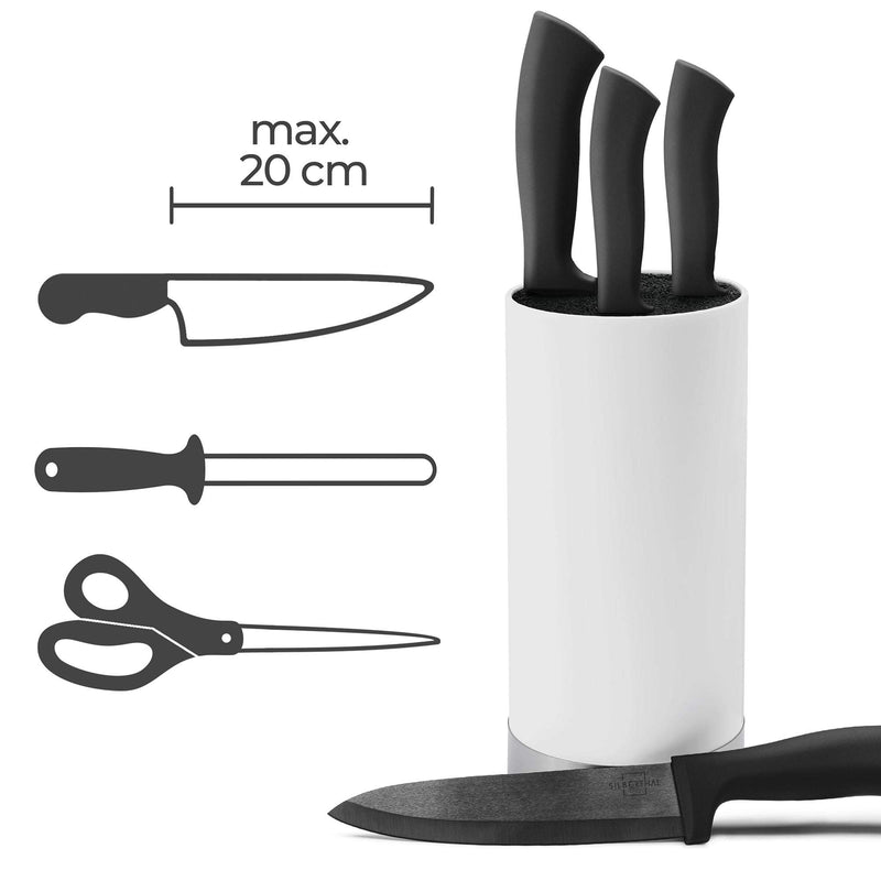 SILBERTHAL Universal Messerblock - Borsteneinsatz herausnehmbar - ohne Messer - unbestückt - Messeraufbewahrung mit Edelstahlring - Weiß