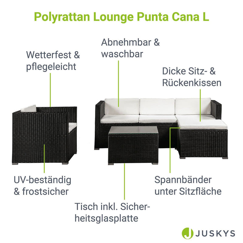 Juskys Polyrattan Lounge Punta Cana L wetterfest mit Sofa, Sessel, Hocker, Tisch & Kissen - 4-5 Personen - Gartenlounge Gartenmöbel Set schwarz/Creme