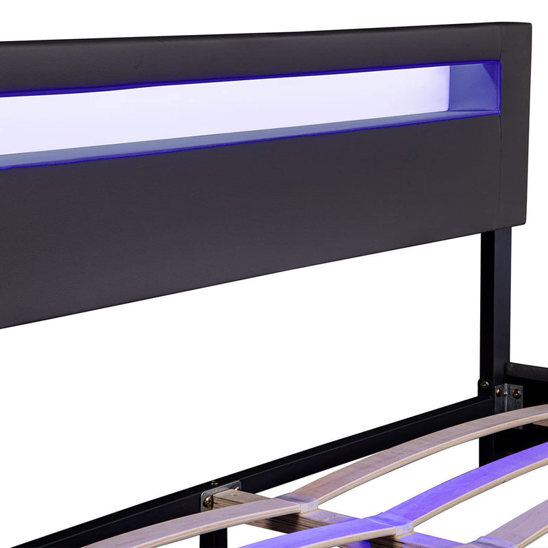 Juskys Polsterbett Paris 180 × 200 cm — Bettgestell mit LED Beleuchtung, Lattenrost & Kopfteil — Kunstleder & Holz — schwarz — Bett Doppelbett