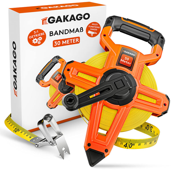 Gakago Bandmaß - 3-fach übersetztes Rollmaßband mit klappbarem Hebel - Ergonomischer & rutschfester Maßband Haltegriff - Masbandrolle mit Messpunkt-Markierspitze und flexiblen Messhaken (100 Meter)