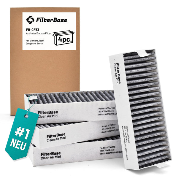 FilterBase® Clean Air Aktivkohlefilter 4 Stück - Filter Set passend für Bosch HEZ9VRCR0 / Siemens HZ9VRCR0 / Neff Z821VR0 / Gaggenau CA282111 oder Constructa CZ9VRCR0 (192 x 75 x 35 mm)