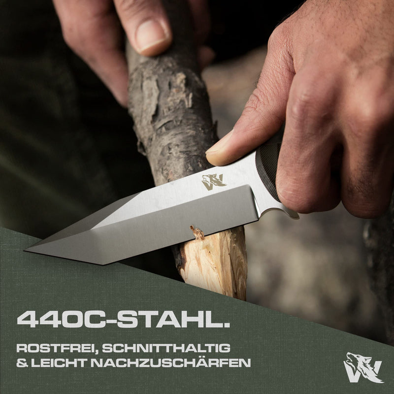 Wolfgangs IMPETUS Hochwertiges Outdoor Messer Feststehend aus feinstem 440C Stahl - Jagdmesser inkl. Kydex Holster - Survival Messer Outdoor das perfekte Überlebensmesser in der Wildnis (Silber)
