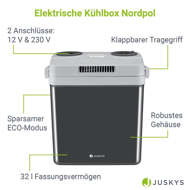 Juskys elektrische Kühlbox 32 Liter 12 V / 230 V für Auto, Lkw, Reisemobil, Camping - Mini Kühlschrank kalt & warm - thermoelektrische Box - Grau