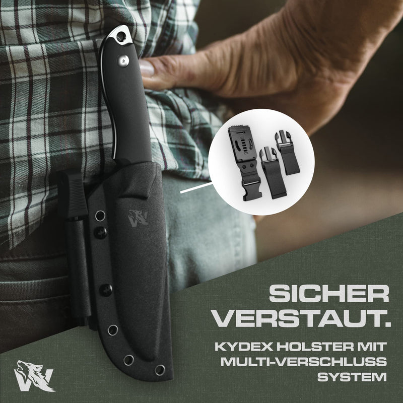 Wolfgangs Outdoor-Messer AMBULO mit Kydex Holster - Edles Jagdmesser aus einem Stück D2 Stahl gefertigt - DAS Bushcraft Messer - Survival Messer inklusive verbessertem Feuer-Starter (Schwarz)