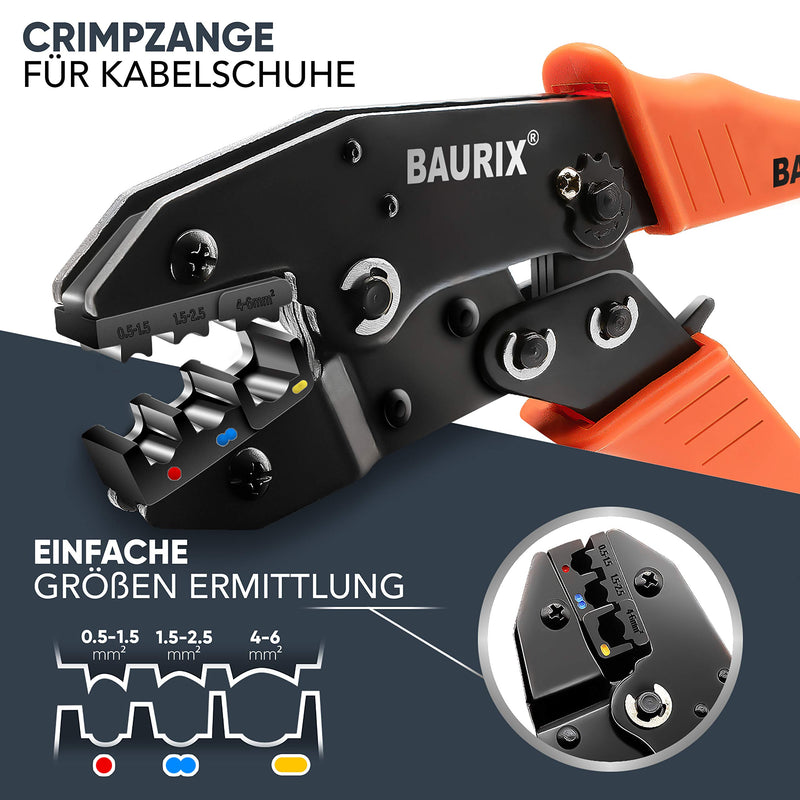 BAURIX® Crimpzange inkl. 700 Stück Kabelschuhe Set, Kabelschuhzange für 0,50-6,00 mm² Kabelhülsen, Krimpzange, Crimp Zange, Presszange