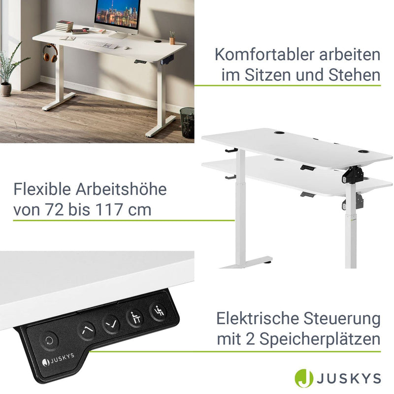 Juskys Höhenverstellbarer Schreibtisch 120x60 cm - Elektrisch stufenlos verstellbar Bürotisch Sitz- & Stehtisch Speicherplatz Memory-Funktion - Weiß