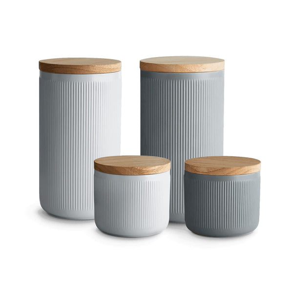 SPRINGLANE Keramik Vorratsdosen 4-tlg. Set mit Holzdeckel Stripes, Kautschukholz-Deckel, Aufbewahrungsdosen, Frischhaltedosen