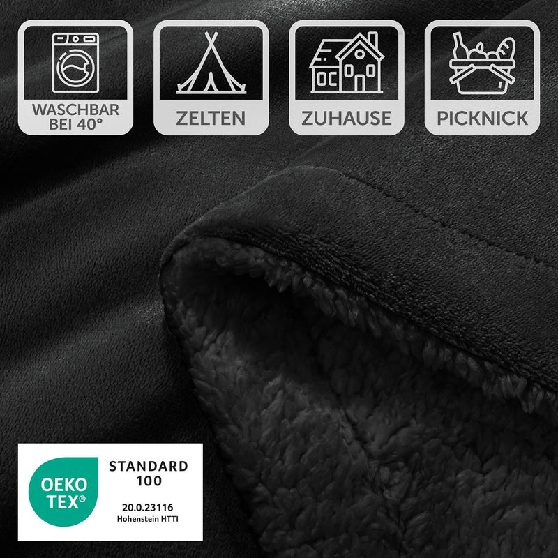 Blumtal Premium Sherpa Kuscheldecke 150 x 200 cm - warme Decke Oeko-TEX® zertifizierte Dicke Sofadecke, Tagesdecke oder Wohnzimmerdecke, Schwarz