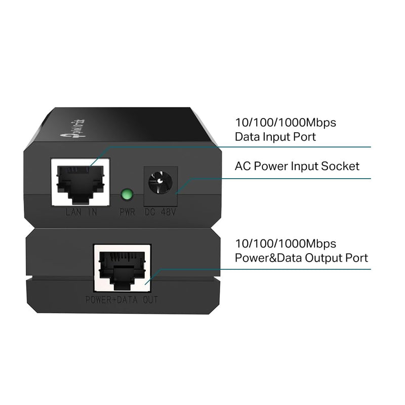 TP-Link 802.3at/af Gigabit PoE Injector , Non-PoE to PoE Adapter , supplies up to 60 W, LED Indicator,Plug & Play , Desktop/Wall-Mount ,Distance Up to 100m, Black (TL-PoE150S)