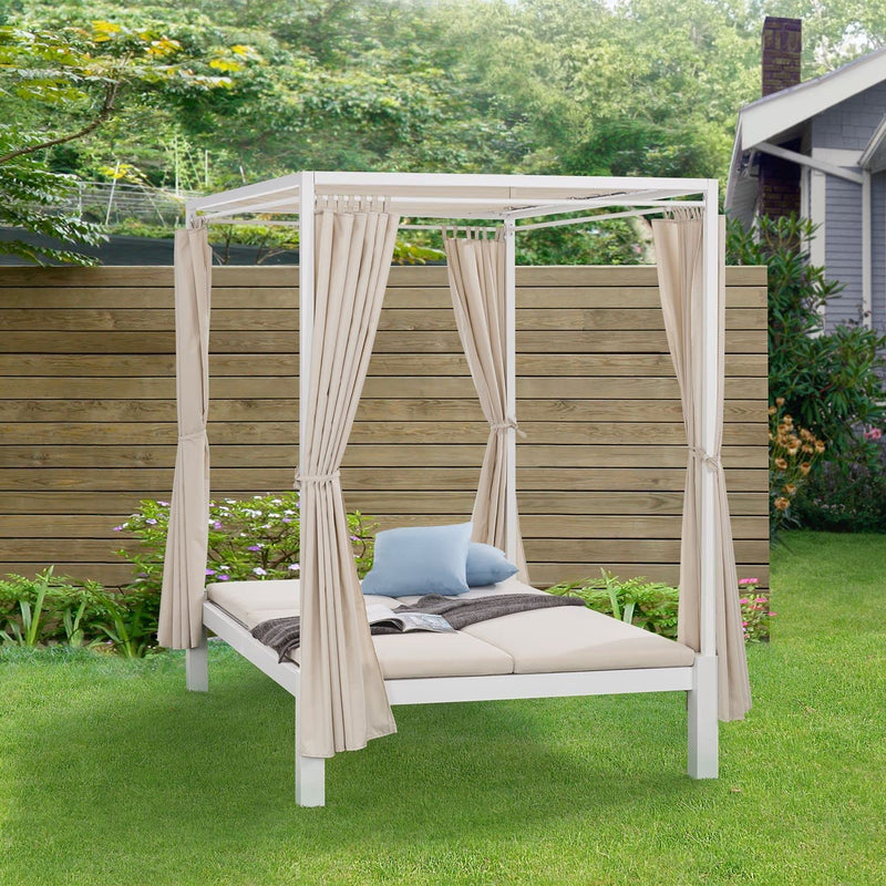 Juskys Doppel Loungebett Kreta - Gartenliege für 2 Personen - Dach & Rückenlehne verstellbar - Sonnenliege für Terrasse, Garten & Balkon - Liege Weiß