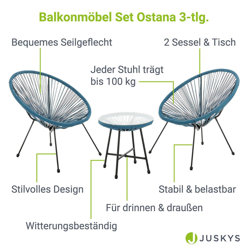 Juskys Balkonmöbel Set Ostana 3-teilig - Tisch & 2 Sessel - stilvolle Sitzgruppe für Balkon, Terrasse & Garten - Gartenmöbel Balkonset Hellgrau