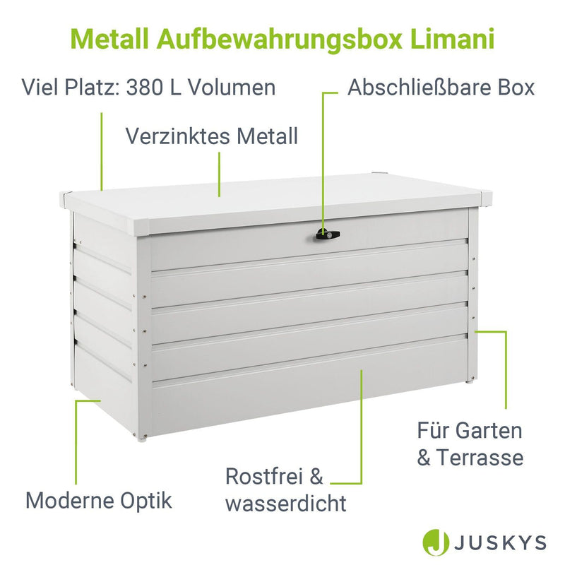 Juskys Metall Aufbewahrungsbox Limani 380 Liter - Outdoor Box - wasserdicht, abschließbar - Gartenbox, Auflagenbox, Kissenbox für Garten Weiß