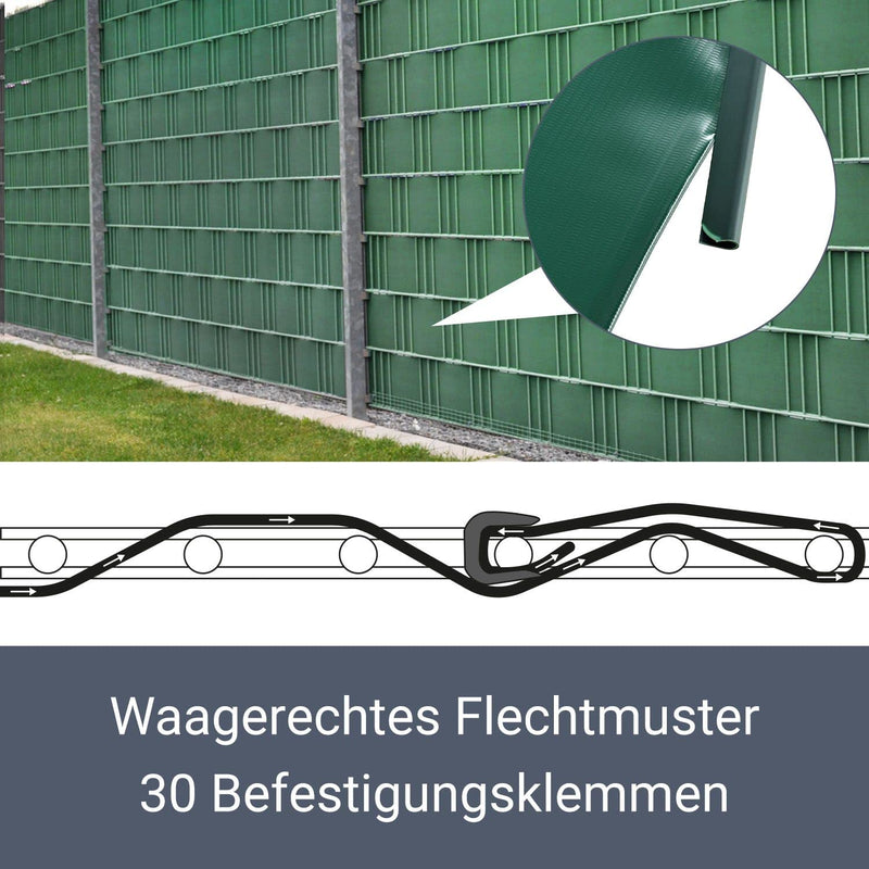 Juskys PVC Sichtschutzstreifen Doppelstabmatten Zaun 3er Set - 3 Rollen á 35m x 19cm - 90 Befestigungsclips - Zaunfolie Sichtschutz Windschutz - grün