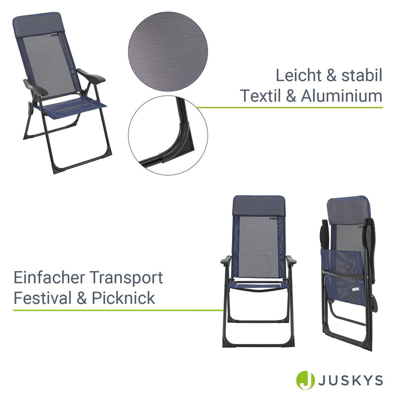 Juskys Campingstuhl 2er Set Torri mit Verstellbarer Rückenlehne - Alu Gartenstuhl klappbar - Camping Hochlehner - 2 Gartenstühle Dunkelblau