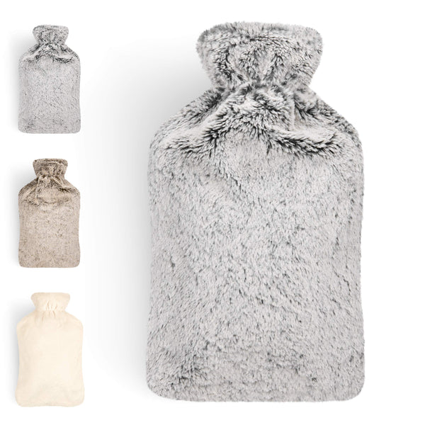Blumtal Premium Wärmflasche mit Bezug in Kunstfelloptik - Wärmeflasche mit Kuschelweichem Fellbezug zur Schmerzlinderung, Auslaufsichere Bettflasche aus Naturkautschuk für Kinder und Erwachsene, Grau