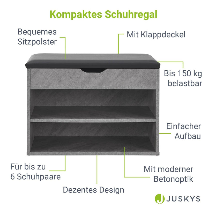 Juskys Schuhregal mit Klappdeckel und gepolstertem Sitz 60x30x44 cm - Schmale Sitzbank aus Holz mit Schuhablage und Polster - Betonoptik