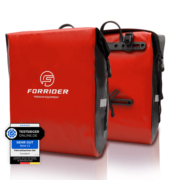 Forrider Fahrradtaschen für Gepäckträger - 100% Wasserdicht [2 Stück] 50L Volumen Premium Fahrrad Gepäckträgertaschen hinten Pack-Taschen Hinterradtaschen (Rot)