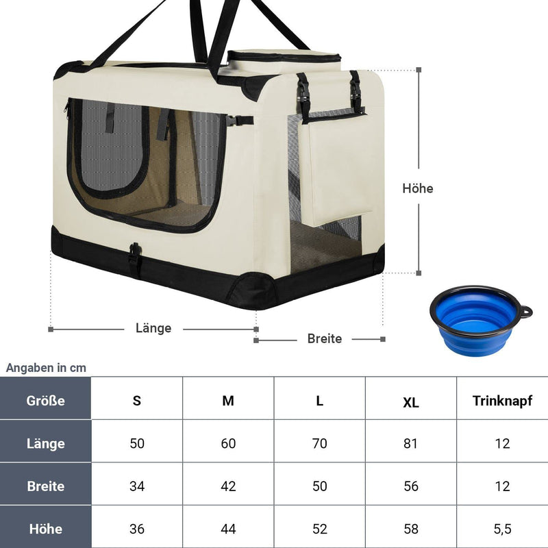 Juskys Hundetransportbox Lassie L (beige) faltbar - 50 x 70 x 52 cm - Reisebox mit Decke, Tasche & Griffen — Stoff Transportbox für Hunde
