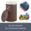 Juskys Bambus Wäschekorb Curly-Round - 55 Liter Volumen - Wäschesammler mit Deckel, Tragegriffen & Stoff Wäschesack - 1 Fach Wäschebox - Braun