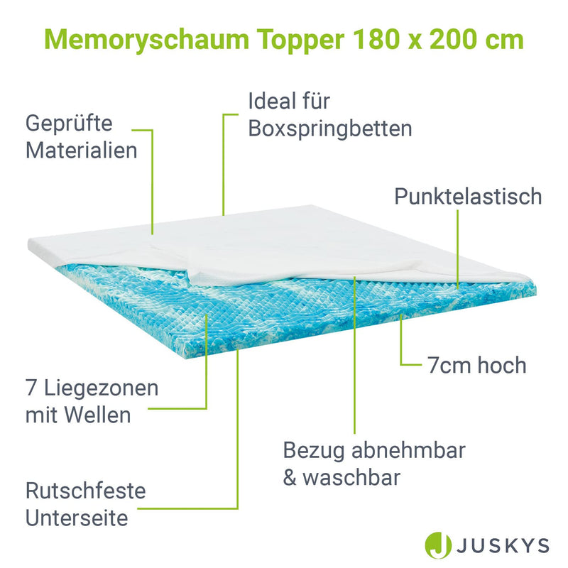 Juskys Topper 180x200 cm aus Memoryschaum, 7-Zonen orthopädisch & atmungsaktiv, 7cm Höhe, H2 - H3, Bezug waschbar Matratzentopper Matratzenauflage