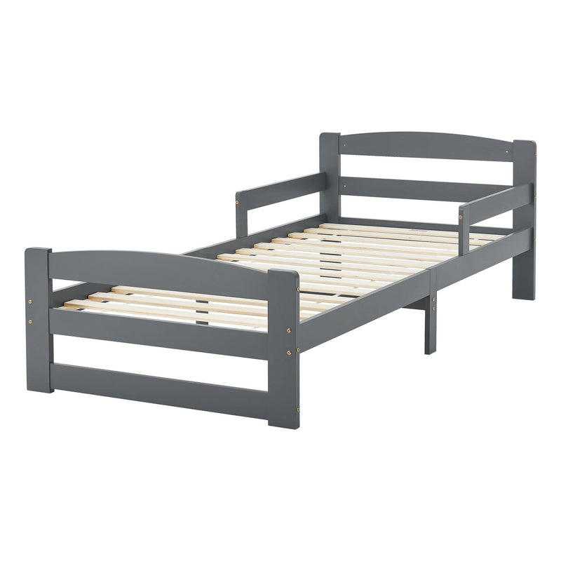 Juskys Jugendbett Arona 90x200 cm mit Matratze - Bettgestell aus Massivholz in Grau - Einzelbett mit Rausfallschutz - Stauraum unter dem Bett
