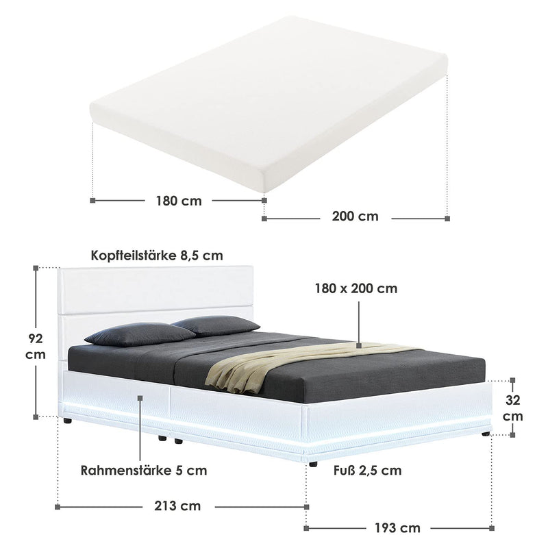 Juskys Polsterbett Toulouse 180x200 cm — Bett mit Matratze, Lattenrost, Kopfteil, LED & Stauraum — Modernes Bettgestell - Bezug aus Kunstleder Weiß