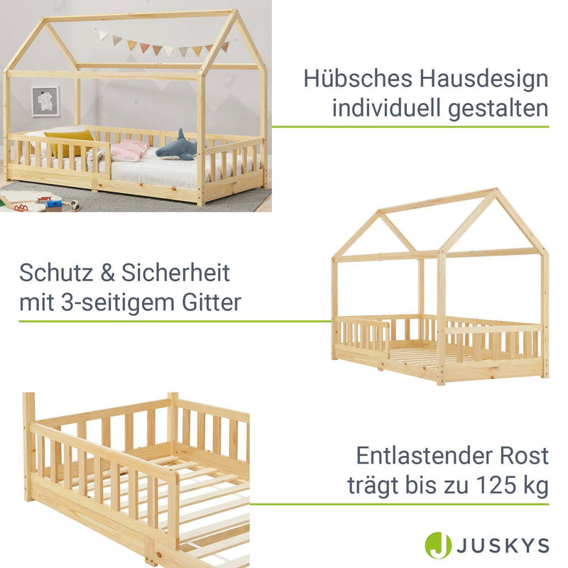 Juskys Kinderbett Marli 90 x 200 cm mit Matratze, Rausfallschutz, Lattenrost & Dach - Massivholz Hausbett für Kinder - Bett in Natur