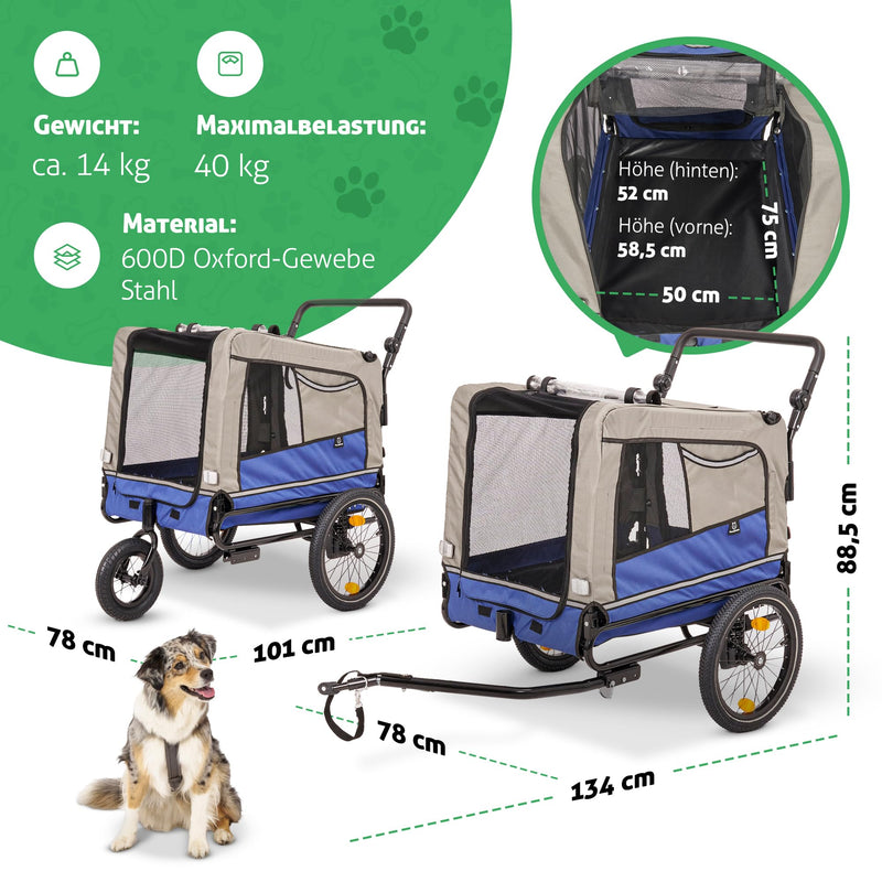 Fellbengel Fahrradanhänger Hunde [E-Bike geeignet] Hundeanhänger für Fahrrad Hundeanhänger gefedert, 2 in 1 Hundefahrradanhänger Hundebuggy bis 40kg - inkl. Kupplung und Luftreifen - faltbar
