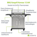 Juskys Gasgrill Kansas mit 4 Brenner 12 kW, BBQ Grill mit Gusseisen-Grillrost, Warmhalterost & Thermometer, XL Grillwagen 2 Seitenablagen & 4 Räder