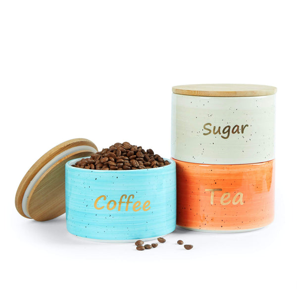 Uno Casa Vorratsdosen Keramik für Kaffee, Tee oder Zucker – 3er Set Vorratsbehälter mit luftdichtem Bambus Deckel – Ideal für die Aufbewahrung von Lebensmitteln in der Küche