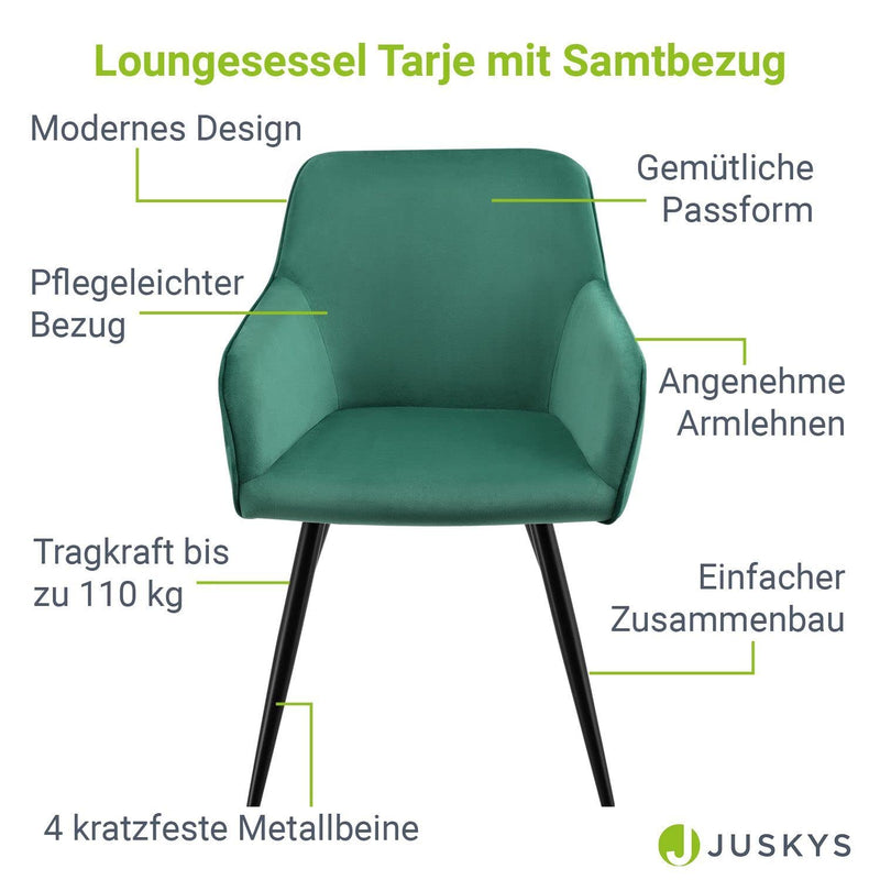 Juskys Esszimmerstühle 2er Set Tarje mit Rückenlehne & Armlehne, Metallbeine, Samt Bezug, bis 110 kg belastbar, 2 Stühle Esszimmer Küche Küchenstühle - grün