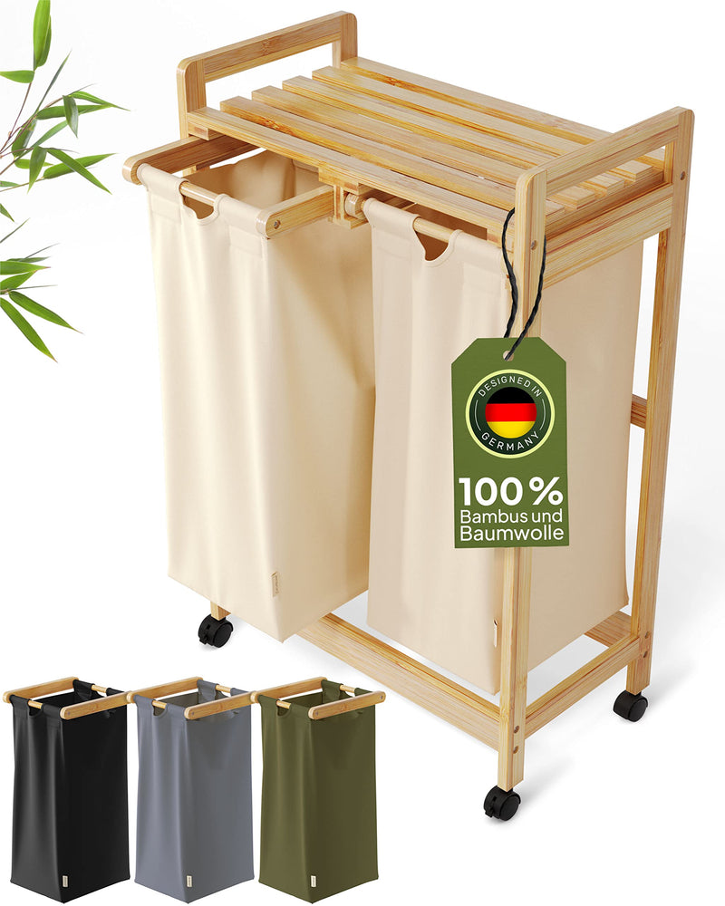 AMBIAVO® Wäschekorb 2 Fächer [100% Baumwolle, Bambus, 60 l Volumen] | Wäschesammler für Schmutzwäsche | Wäschekorbsammler | Wäsche Sortiersystem | Wäschesortierer Holz | Wäschebox