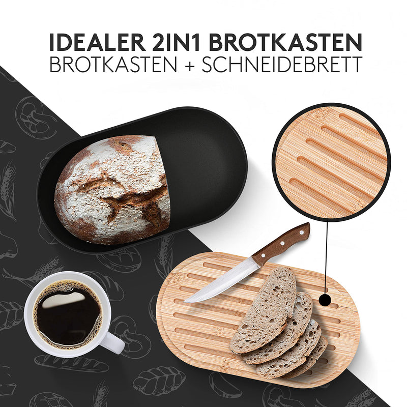 Vezato Brotbox – Nachhaltiger Brotkasten für lange Frische dank spezieller Beschichtung – Extra großer Brotkorb mit Bambusdeckel & Schneidebrett – Nachhaltiger Brotbehälter inkl. Brotsack