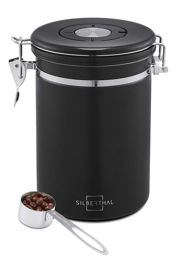 SILBERTHAL Kaffeedose luftdicht 500g - Aromadichte Aufbewahrungsdose für Bohnen & Pulver - Inkl. CO2-Ventil & Dosierlöffel - Schwarz