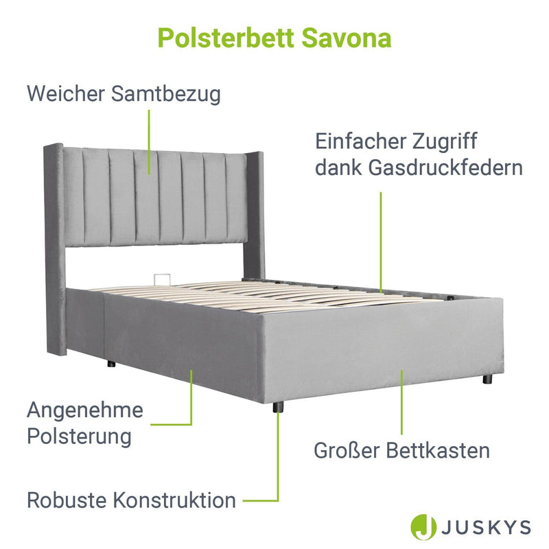 Juskys Polsterbett Savona 120x200 cm - Bett mit Bettkasten, Lattenrost, Samt-Bezug - Bettgestell aus Holz, bis 250 kg, großes Kopfteil - Hellgrau